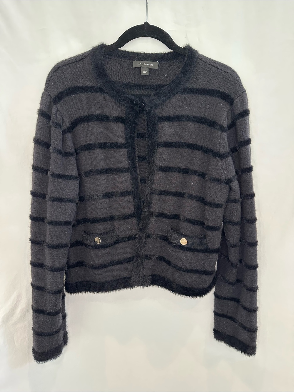 Ann Taylor Black & Charcoal Striped Fuzzy Knit Cardigan